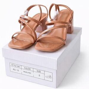 TOP Moda Patent Strappy Block Heel Sandals in Tan